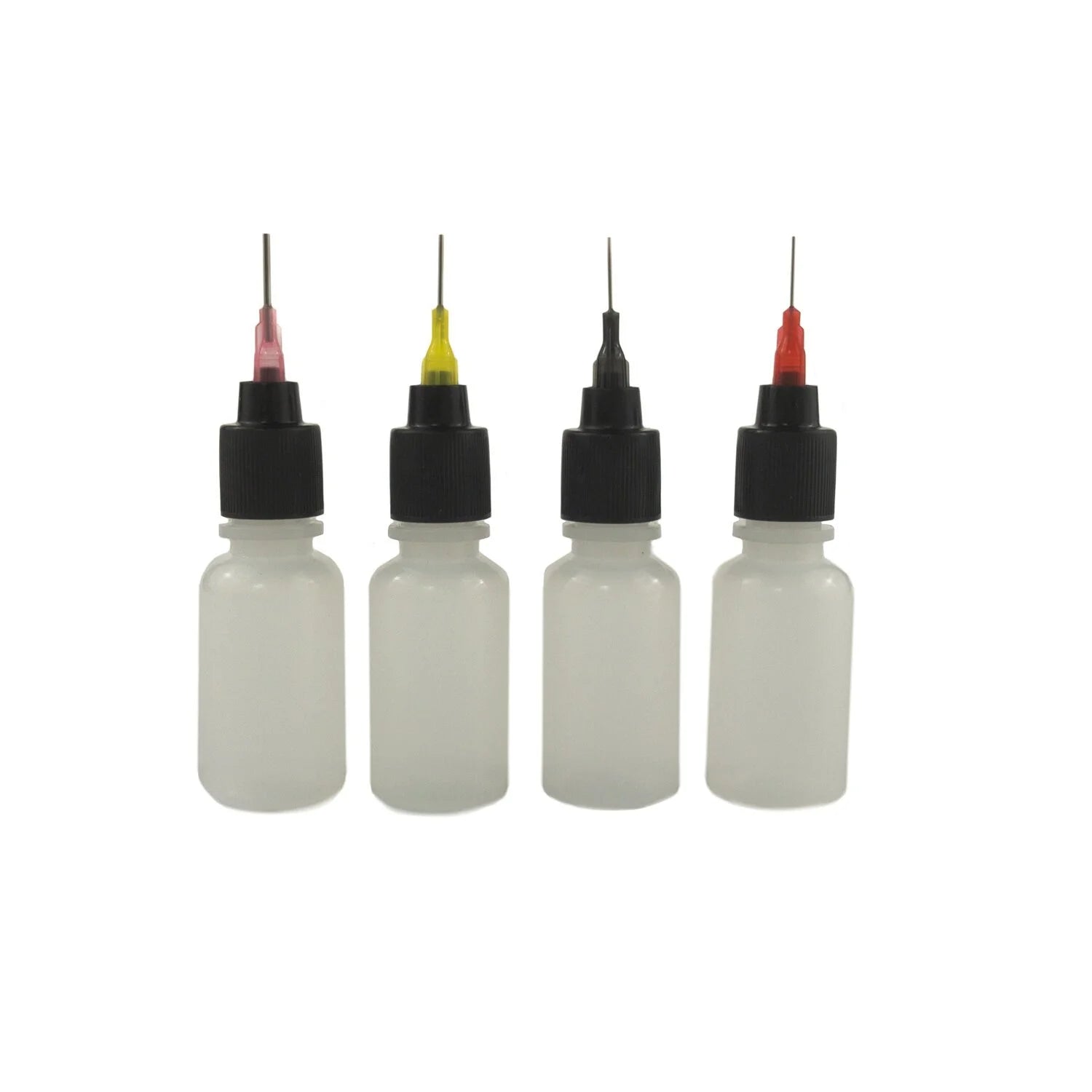 A row of 4 plastic squeeze bottles used for applying henna designs, with 4 different sized tips