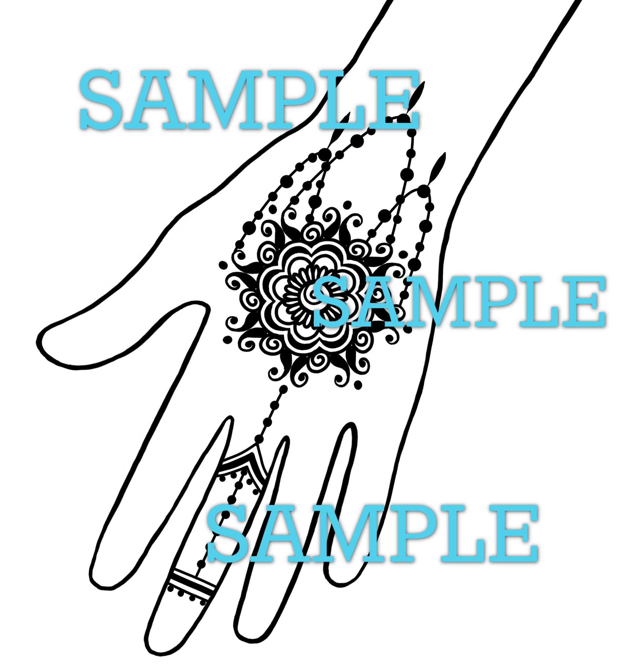 Black mandala henna design on a white background with 'SAMPLE' text overlay.