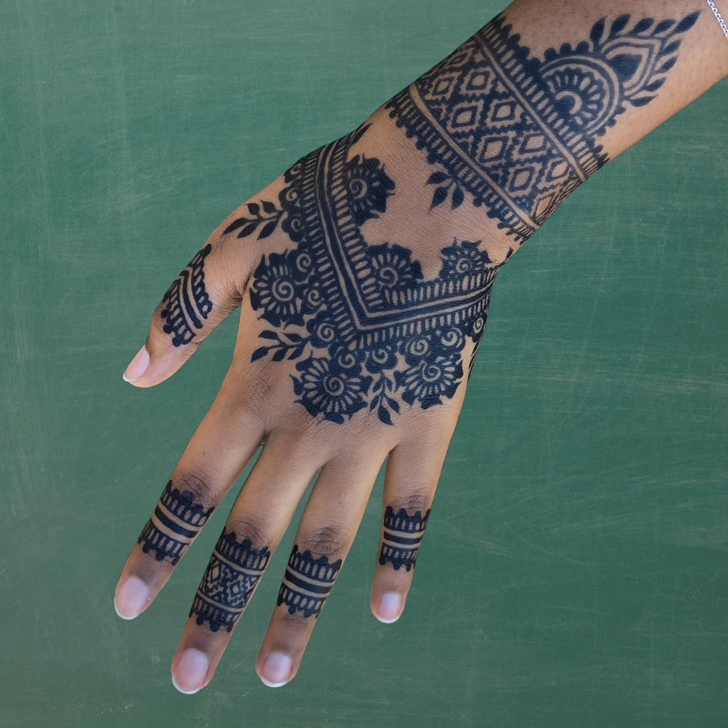 A Black woman's hand with a dark jagua stain