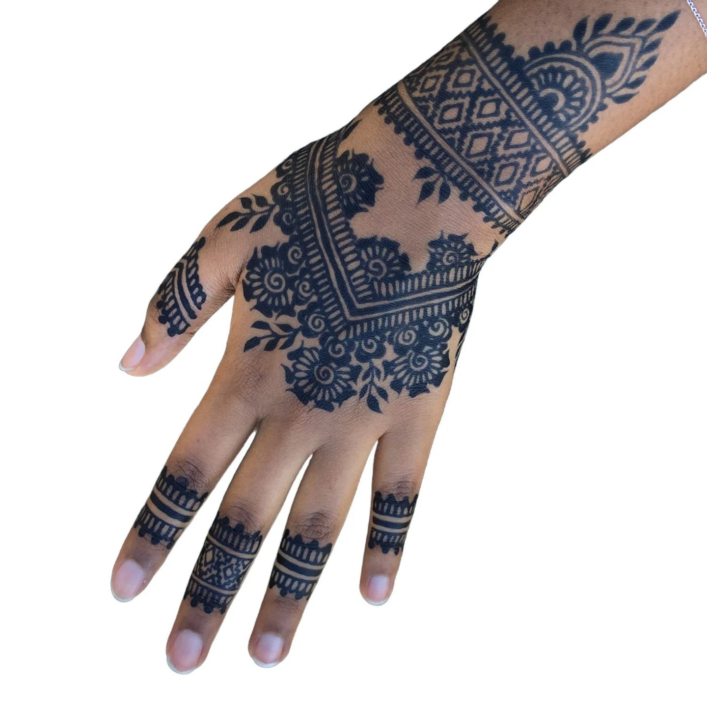 A Black woman's hand with a dark jagua stain