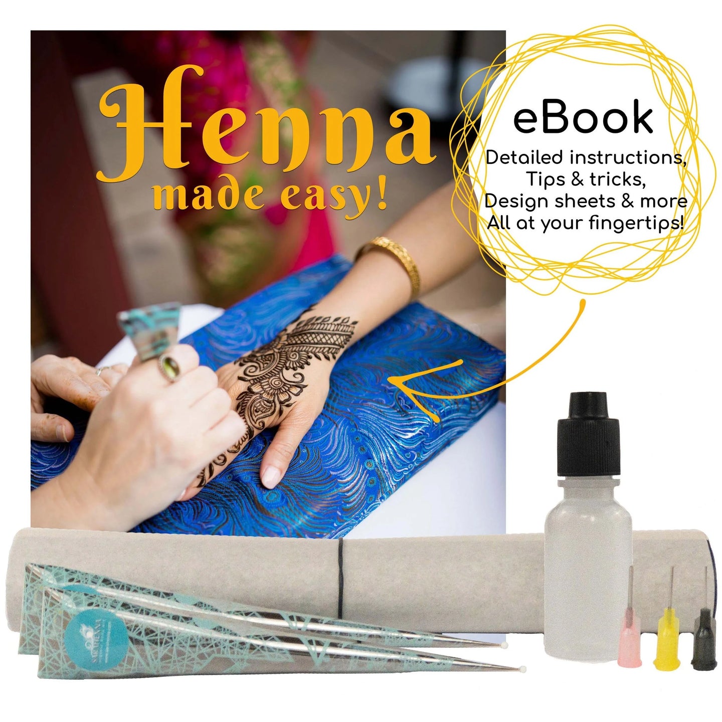 A henna kit with ready to use fresh henna paste in bottles or cones with a how to do henna ebook of instructions