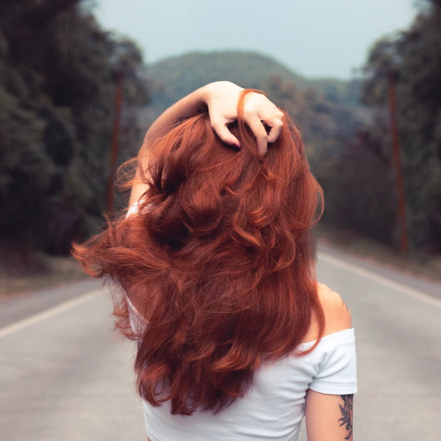 The back of a woman's head with long, flowing deep red hair dyed with henna