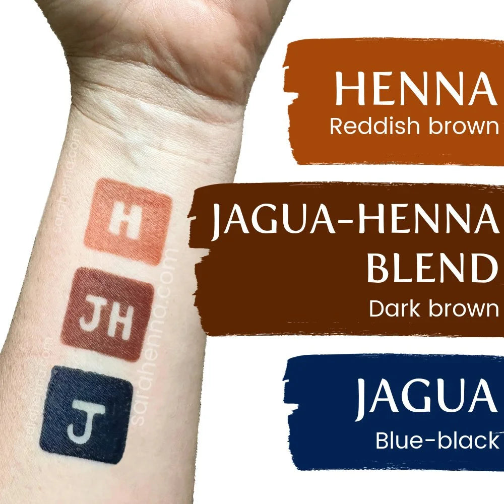 3 stains on the forearm comparing the differences between henna, jagua and jagua-henna