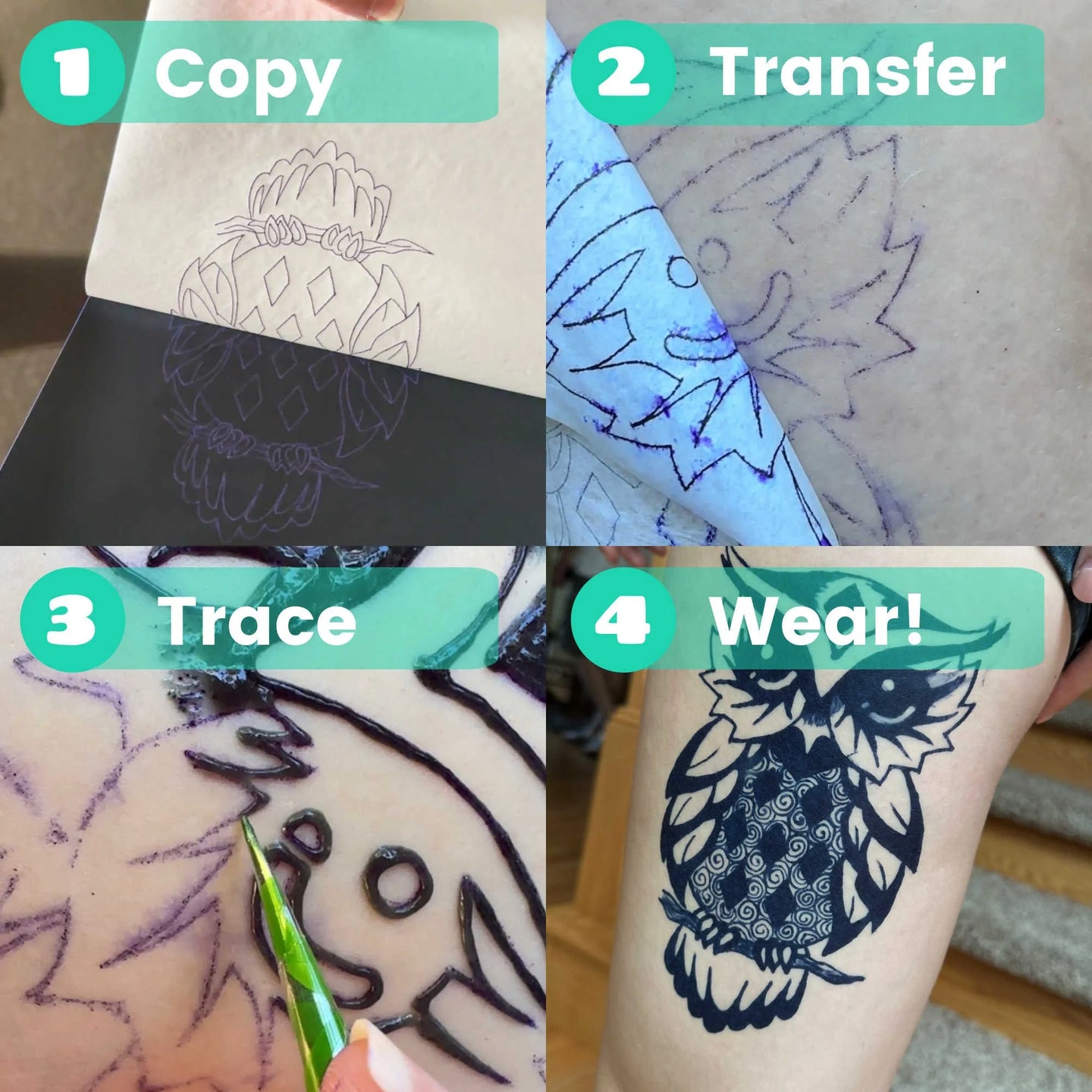 A collage of images showing the process of applying stencils to the skin for henna