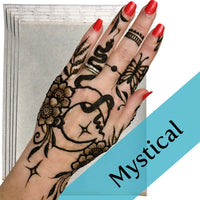 A mystical set of stencils for henna with designs featuring snakes, crystals and moons