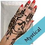 A mystical set of stencils for henna with designs featuring snakes, crystals and moons