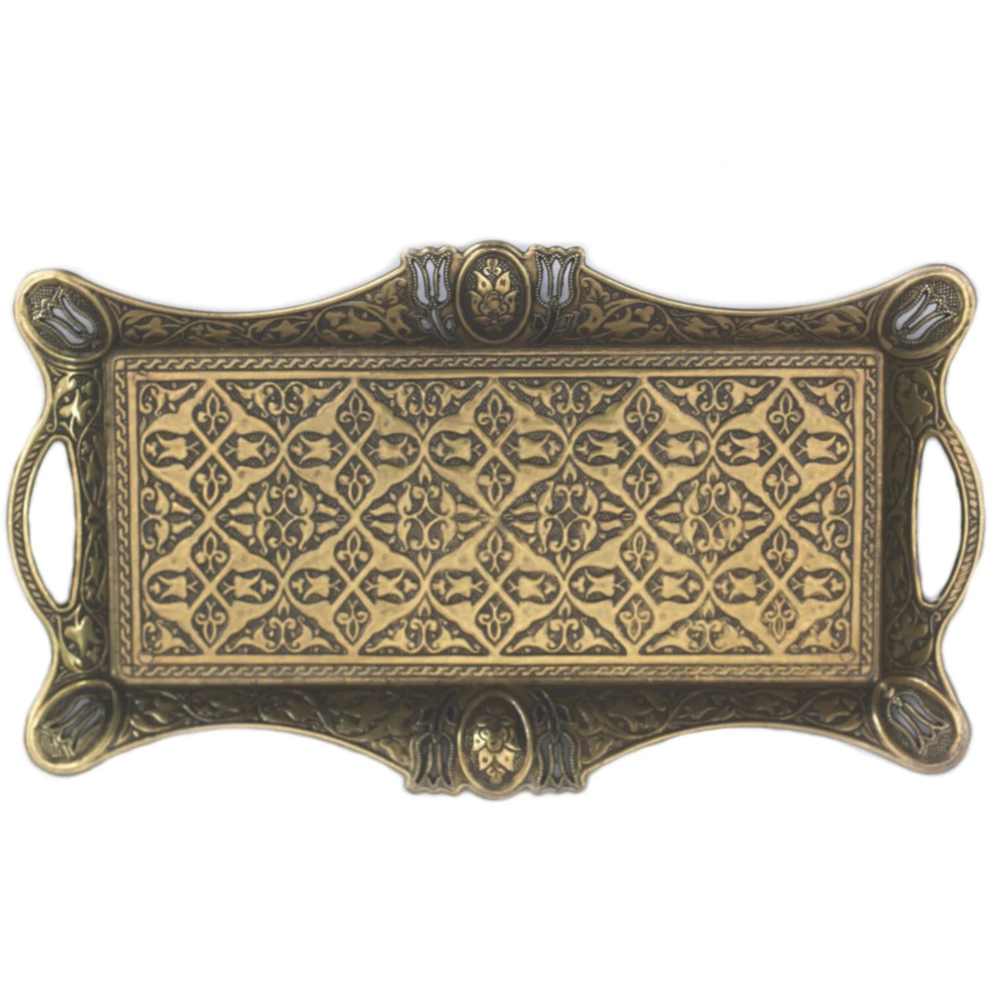 An intricate brass decorative tray made in Turkey