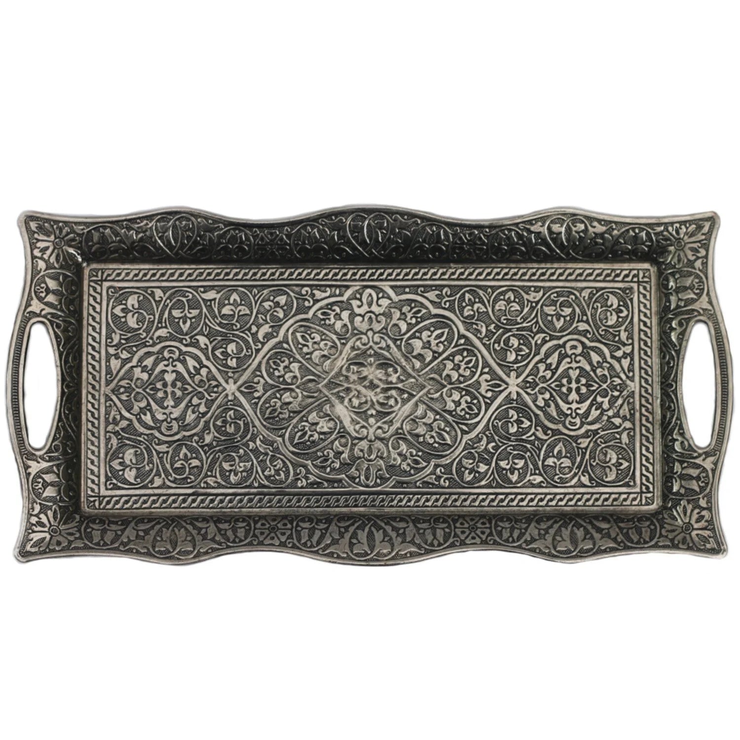 An intricate silver decorative tray made in Turkey