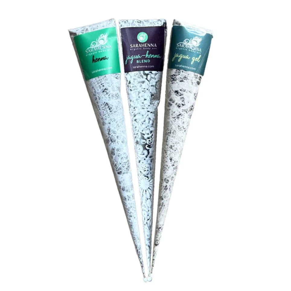 A set of 3 fresh henna, jagua and jagua-henna cones 