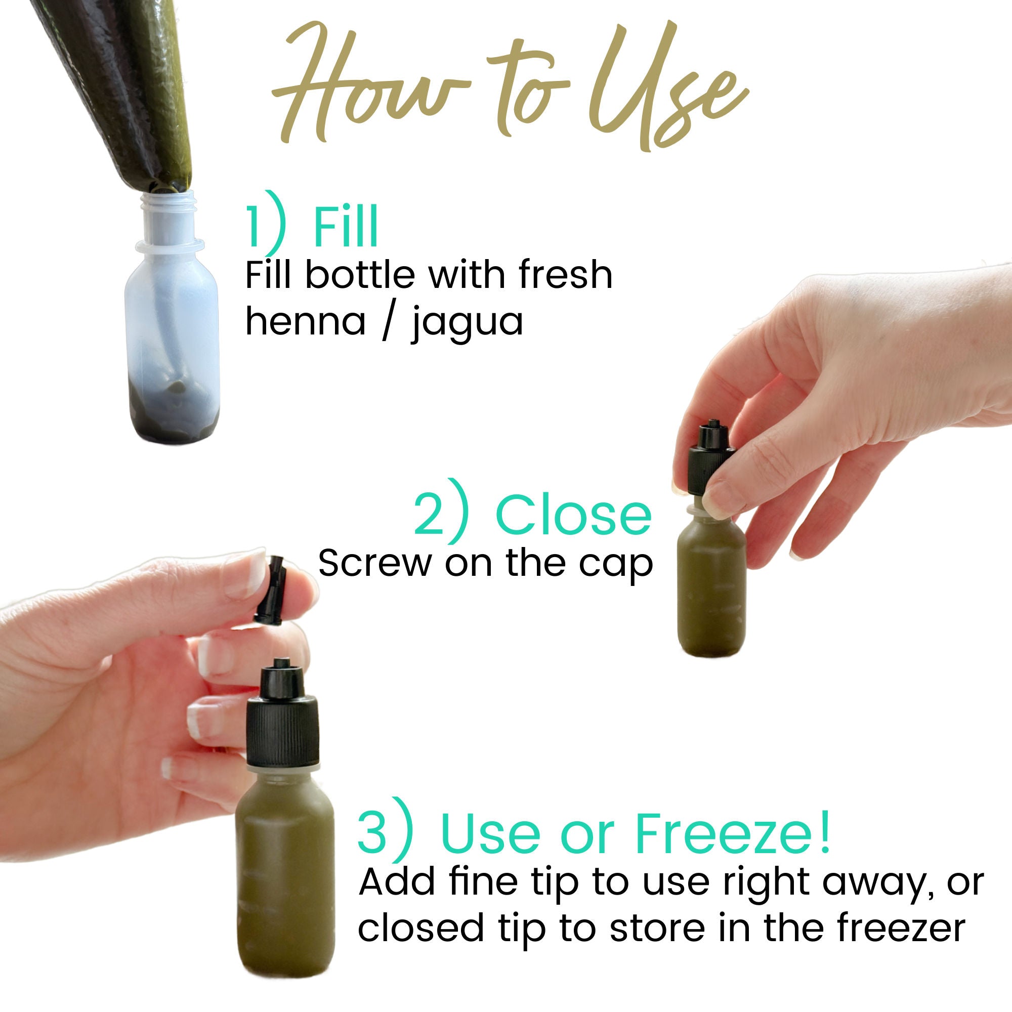 Instructions on how to use a bottle with henna or jagua, including filling, closing, and using/freezing.