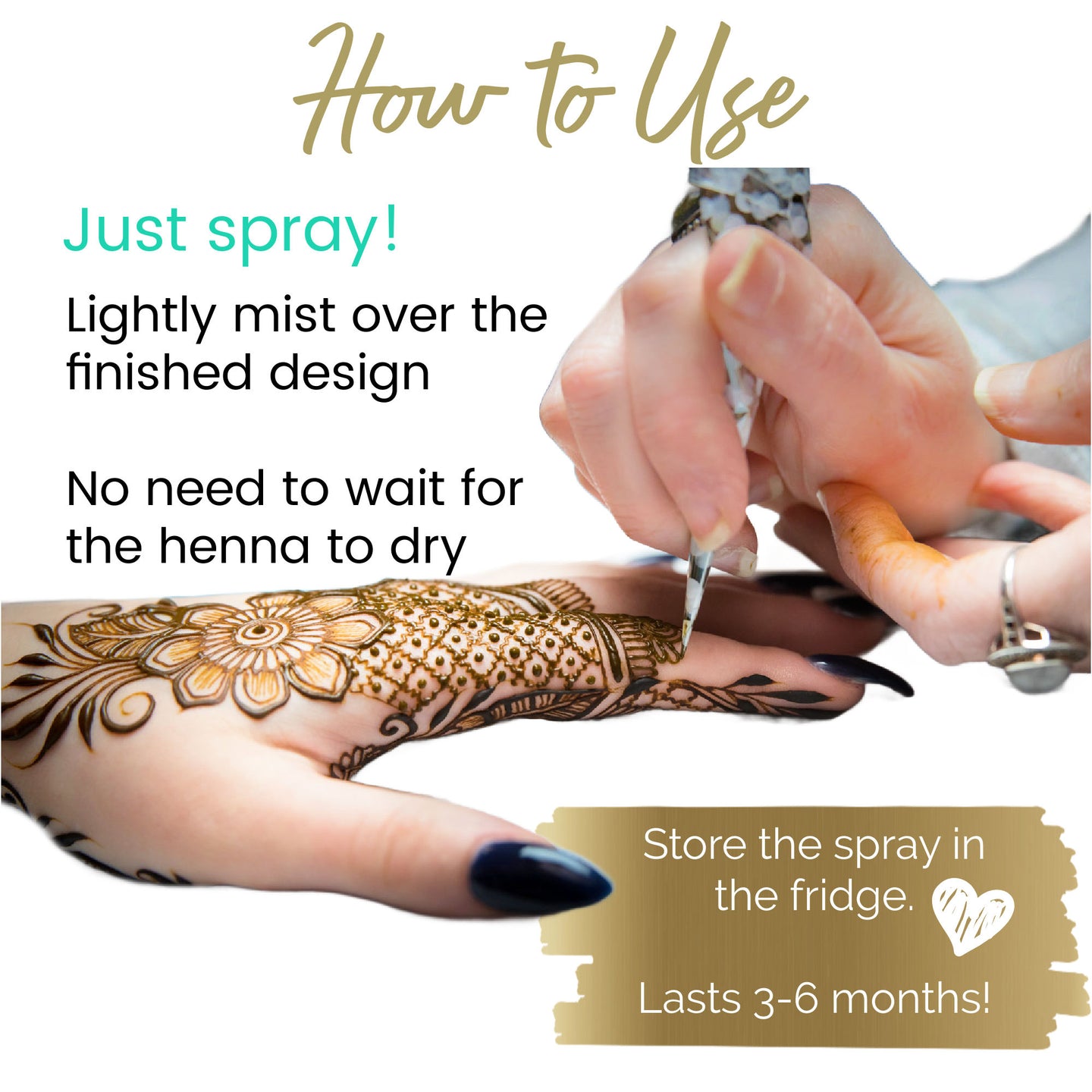 Hand with henna design being misted with a spray bottle, promotional text about product use.
