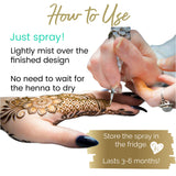 Hand with henna design being misted with a spray bottle, promotional text about product use.