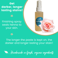 Spray bottle with a rose on a teal background, promoting a finishing spray for henna application.
