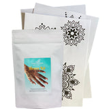 Henna kit with a white pouch and stencils on a white background
