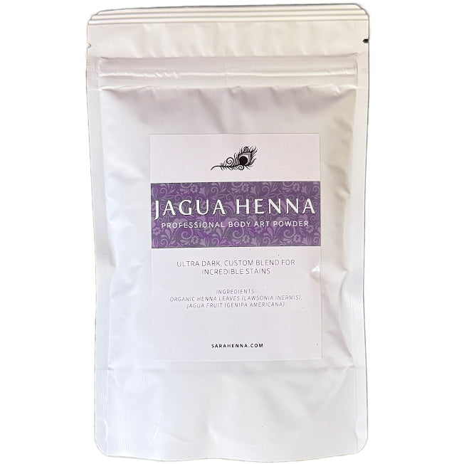 Bag of Jagua Henna professional body art powder with a purple label on a white background